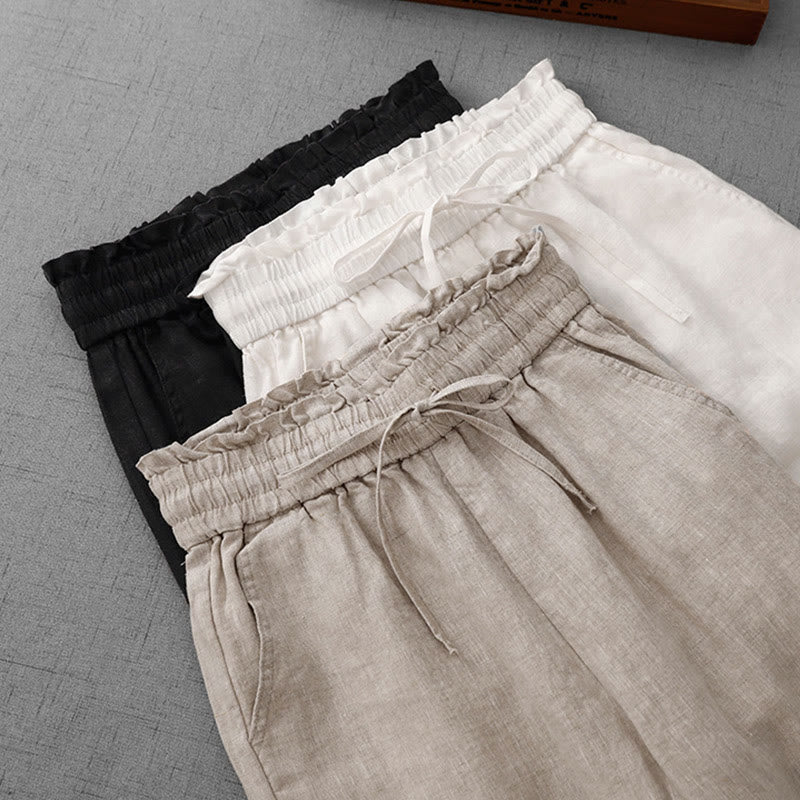 Buddha Stones Lässige Baumwollhose mit hoher Taille, Rüschen und Kordelzug, weites Bein und Taschen für Damen - image 24