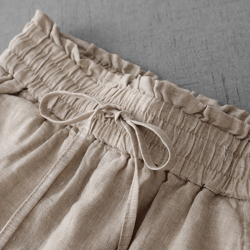 Buddha Stones Lässige Baumwollhose mit hoher Taille, Rüschen und Kordelzug, weites Bein und Taschen für Damen - image 3