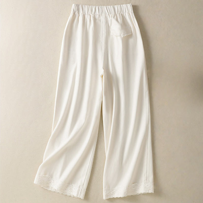 Buddha Stones Lässiges Spitzen-Patchwork-Design Hohe Taille Damenhose mit weitem Bein und Knöchellänge Mit Taschen und Reißverschluss - image 1