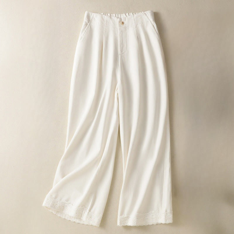 Buddha Stones Lässiges Spitzen-Patchwork-Design Hohe Taille Damenhose mit weitem Bein und Knöchellänge Mit Taschen und Reißverschluss - OldLace - US 8-10, UK/AU 12-14, EU 40-42 (2XL) - image 0