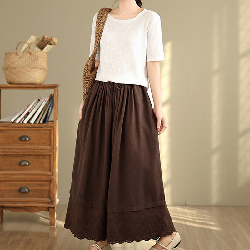 Buddha Stones Frühlingsstickerei Spitzensaum Patchwork Kordelzug Design Damen Weite Baumwollhose mit Taschen - image 16