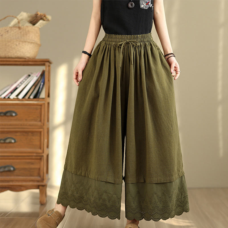 Buddha Stones Frühlingsstickerei Spitzensaum Patchwork Kordelzug Design Damen Weite Baumwollhose mit Taschen - Dunkelolivgrün - US8-10, UK/AU12-14, EU40-42 (2XL) - image 18
