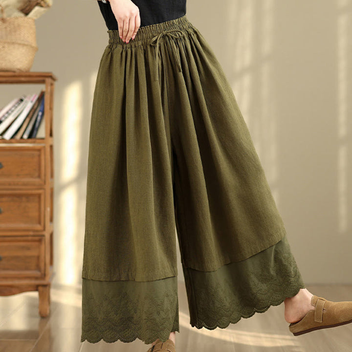 Buddha Stones Frühlingsstickerei Spitzensaum Patchwork Kordelzug Design Damen Weite Baumwollhose mit Taschen - image 22