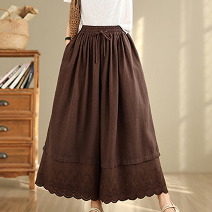 Buddha Stones Frühlingsstickerei Spitzensaum Patchwork Kordelzug Design Damen Weite Baumwollhose mit Taschen - image 14