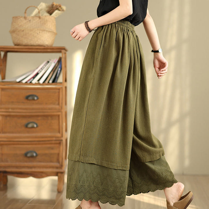 Buddha Stones Frühlingsstickerei Spitzensaum Patchwork Kordelzug Design Damen Weite Baumwollhose mit Taschen - image 24
