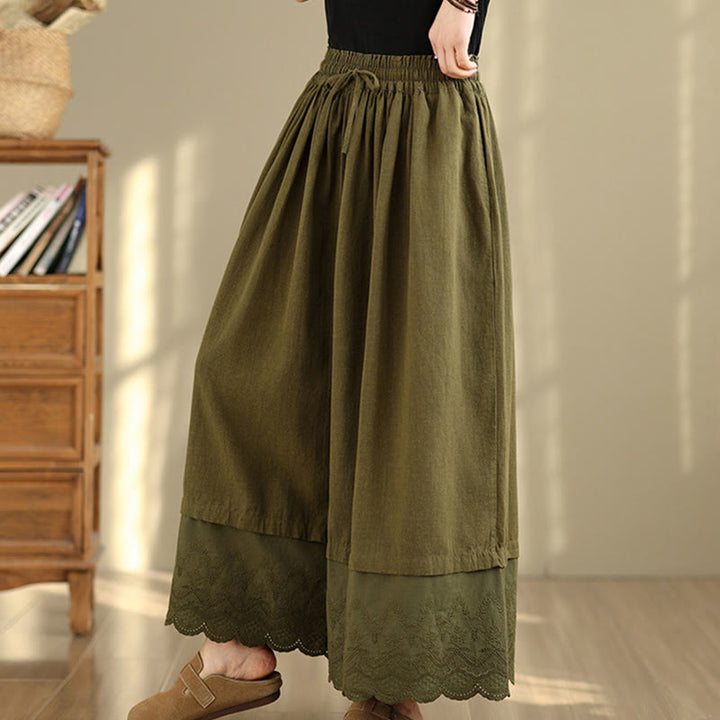 Buddha Stones Frühlingsstickerei Spitzensaum Patchwork Kordelzug Design Damen Weite Baumwollhose mit Taschen - image 22