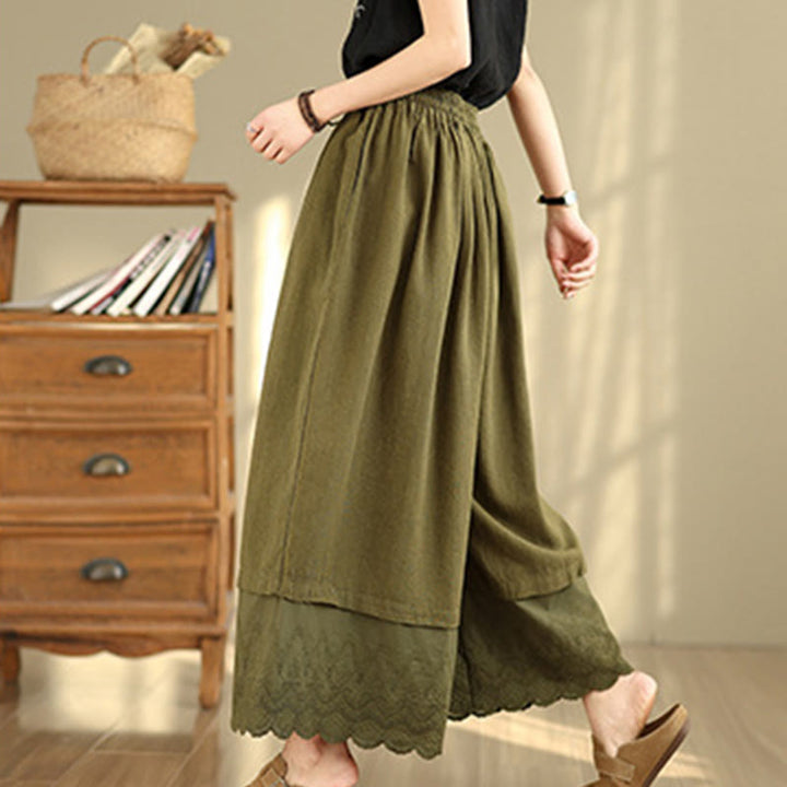 Buddha Stones Frühlingsstickerei Spitzensaum Patchwork Kordelzug Design Damen Weite Baumwollhose mit Taschen - image 21
