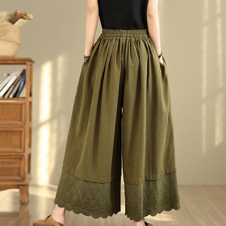 Buddha Stones Frühlingsstickerei Spitzensaum Patchwork Kordelzug Design Damen Weite Baumwollhose mit Taschen - image 19