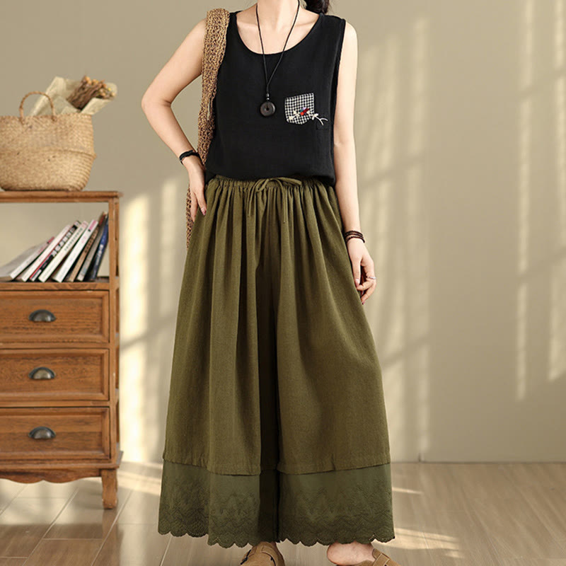 Buddha Stones Frühlingsstickerei Spitzensaum Patchwork Kordelzug Design Damen Weite Baumwollhose mit Taschen - image 24