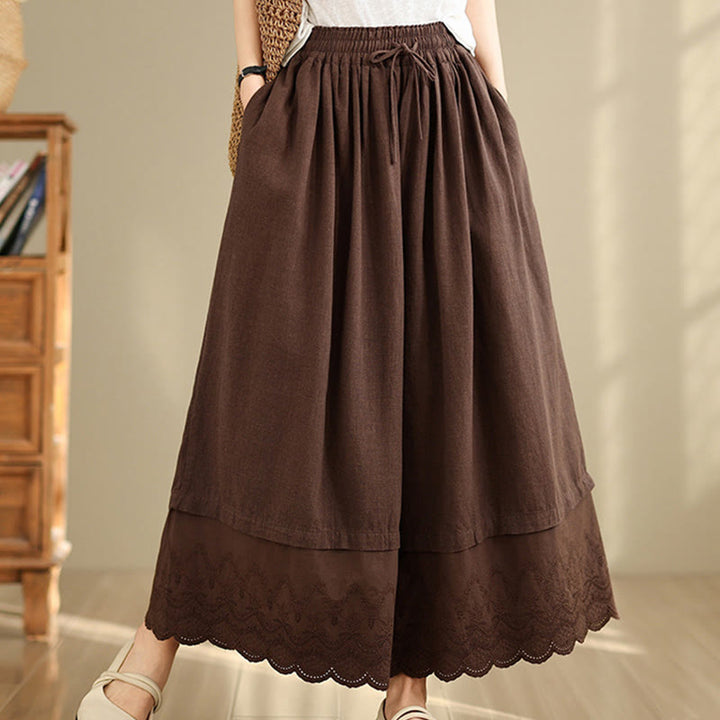 Buddha Stones Frühlingsstickerei Spitzensaum Patchwork Kordelzug Design Damen Weite Baumwollhose mit Taschen - image 14