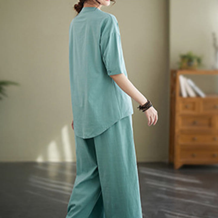 Buddha Stones 2-teiliges lässiges, einfarbiges Knopfdesign, Halbarmhemd, weite Beinhose mit Taschen, Baumwolle, Zen-Kleidung, Damen-Set - image 11