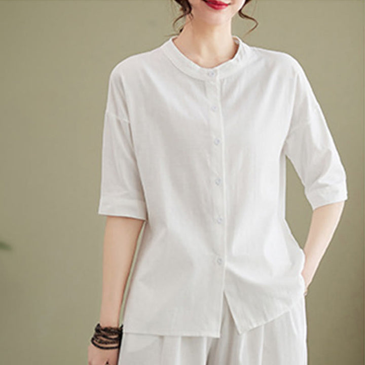 Buddha Stones 2-teiliges lässiges, einfarbiges Knopfdesign, Halbarmhemd, weite Beinhose mit Taschen, Baumwolle, Zen-Kleidung, Damen-Set - image 6