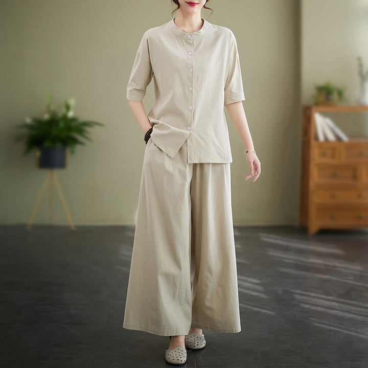 Buddha Stones 2-teiliges lässiges, einfarbiges Knopfdesign, Halbarmhemd, weite Beinhose mit Taschen, Baumwolle, Zen-Kleidung, Damen-Set - Beige - US8-10, UK/AU12-14, EU40-42 (2XL) - image 17