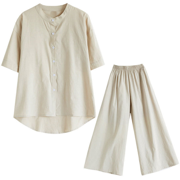 Buddha Stones 2-teiliges lässiges, einfarbiges Knopfdesign, Halbarmhemd, weite Beinhose mit Taschen, Baumwolle, Zen-Kleidung, Damen-Set - image 30