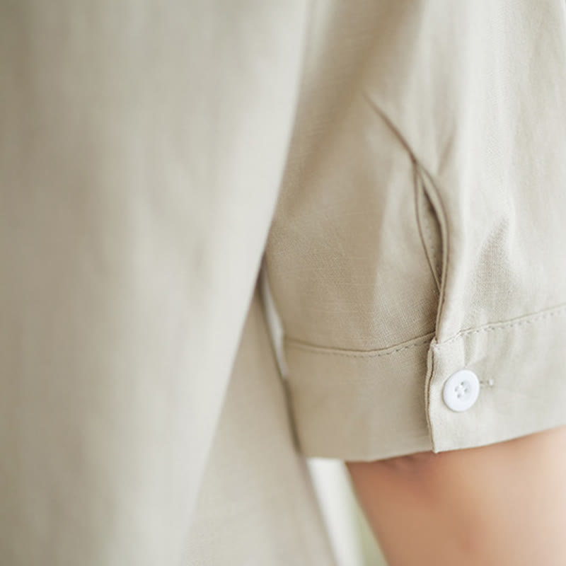 Buddha Stones 2-teiliges lässiges, einfarbiges Knopfdesign, Halbarmhemd, weite Beinhose mit Taschen, Baumwolle, Zen-Kleidung, Damen-Set - image 23