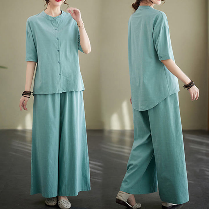 Buddha Stones 2-teiliges lässiges, einfarbiges Knopfdesign, Halbarmhemd, weite Beinhose mit Taschen, Baumwolle, Zen-Kleidung, Damen-Set - image 13