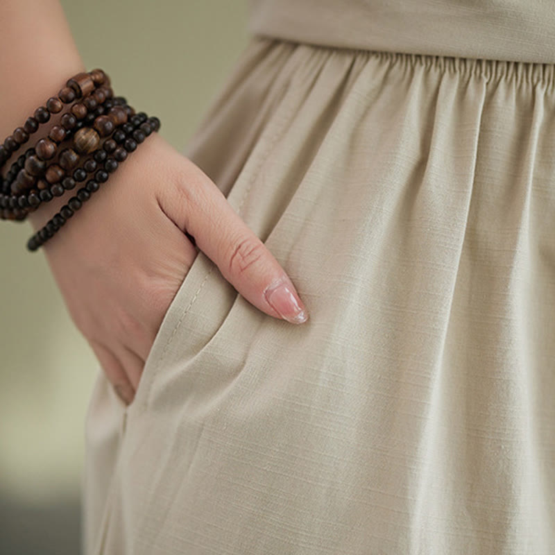 Buddha Stones 2-teiliges lässiges, einfarbiges Knopfdesign, Halbarmhemd, weite Beinhose mit Taschen, Baumwolle, Zen-Kleidung, Damen-Set - image 27