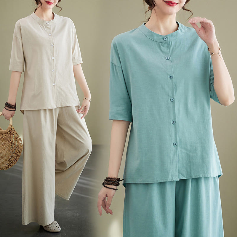 Buddha Stones 2-teiliges lässiges, einfarbiges Knopfdesign, Halbarmhemd, weite Beinhose mit Taschen, Baumwolle, Zen-Kleidung, Damen-Set - image 14