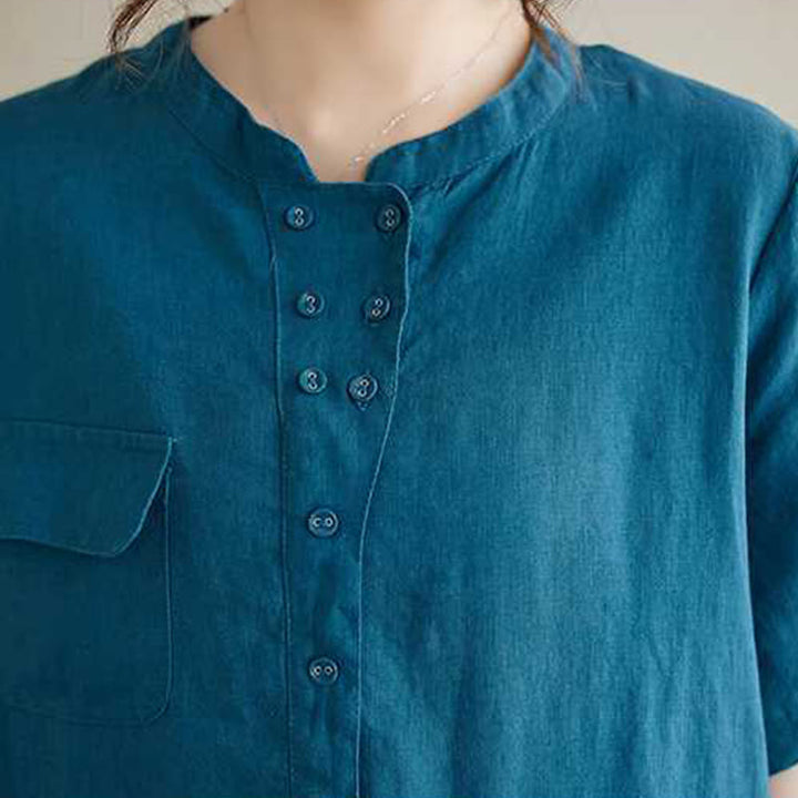 Buddha Stones Stehkragen Knöpfe Design Leinen Kurzarm Midikleid mit Taschen - image 19