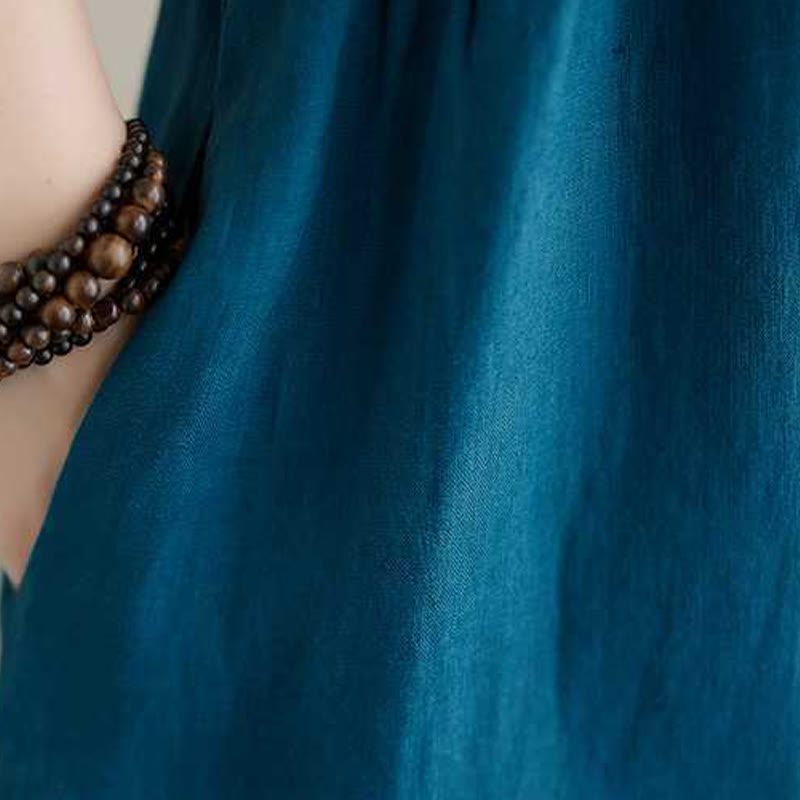 Buddha Stones Stehkragen Knöpfe Design Leinen Kurzarm Midikleid mit Taschen - image 23