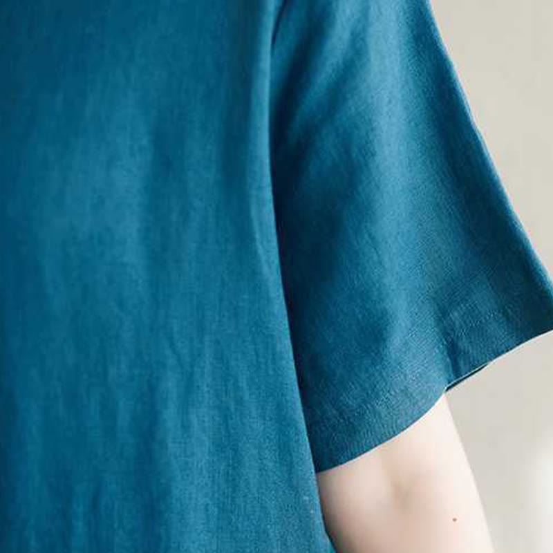 Buddha Stones Stehkragen Knöpfe Design Leinen Kurzarm Midikleid mit Taschen - image 21