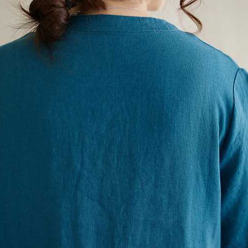 Buddha Stones Stehkragen Knöpfe Design Leinen Kurzarm Midikleid mit Taschen - image 20