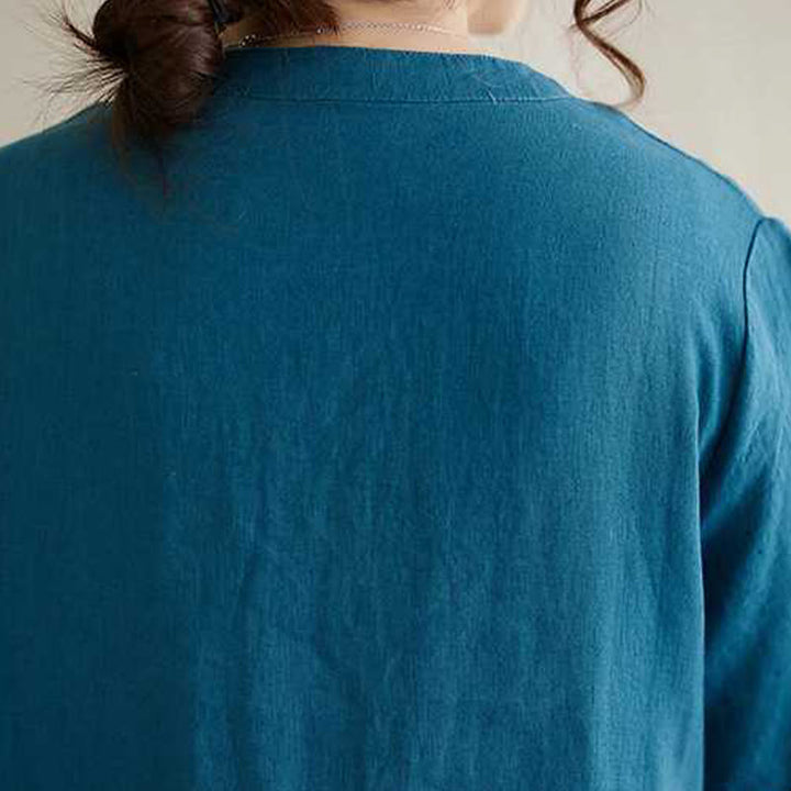 Buddha Stones Stehkragen Knöpfe Design Leinen Kurzarm Midikleid mit Taschen - image 20