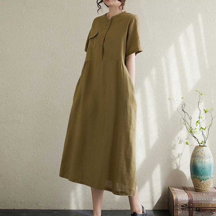 Buddha Stones Stehkragen Knöpfe Design Leinen Kurzarm Midikleid mit Taschen - image 9