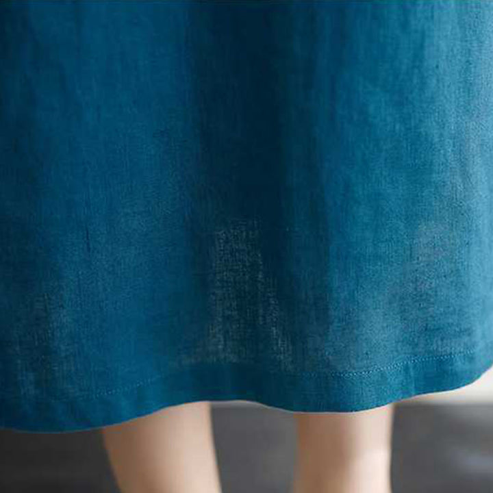 Buddha Stones Stehkragen Knöpfe Design Leinen Kurzarm Midikleid mit Taschen - image 24