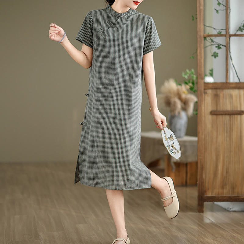 Buddha Stones Kariertes, kurzärmliges Cheongsam-Midikleid aus Baumwolle und Leinen mit Froschknopf-Design - image 12