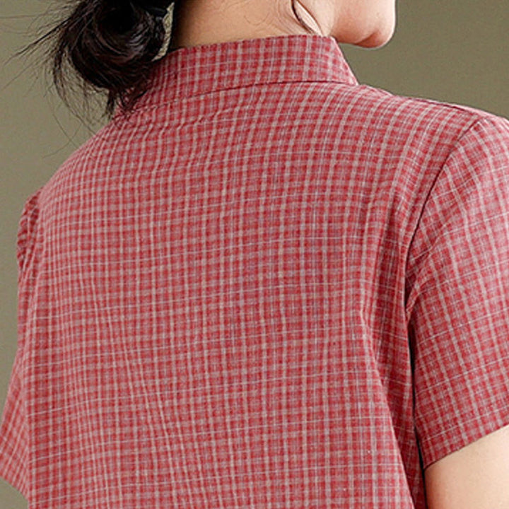 Buddha Stones Kariertes, kurzärmliges Cheongsam-Midikleid aus Baumwolle und Leinen mit Froschknopf-Design - image 6