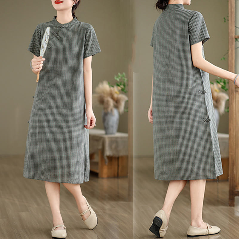 Buddha Stones Kariertes, kurzärmliges Cheongsam-Midikleid aus Baumwolle und Leinen mit Froschknopf-Design - image 13