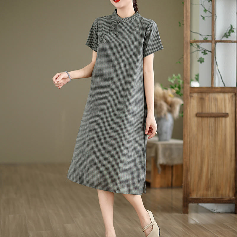 Buddha Stones Kariertes, kurzärmliges Cheongsam-Midikleid aus Baumwolle und Leinen mit Froschknopf-Design - image 11