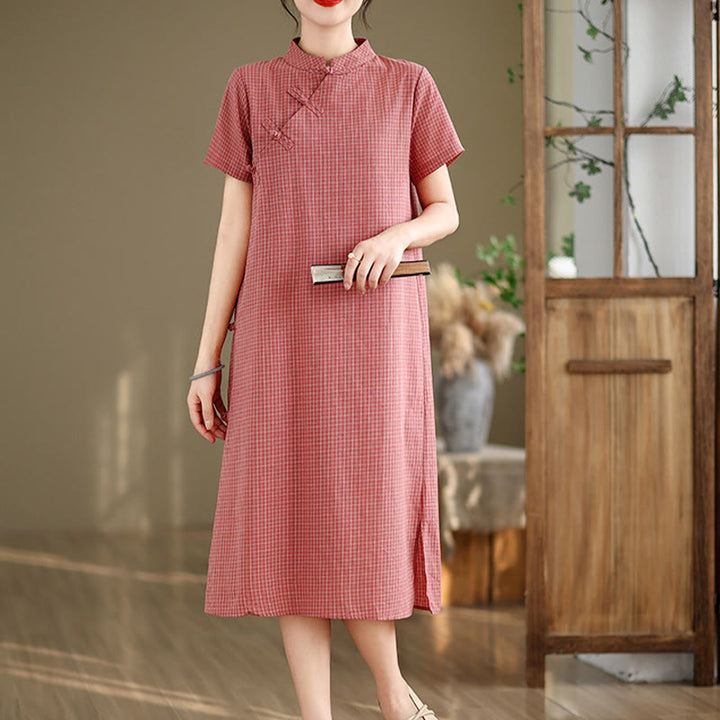 Buddha Stones Kariertes, kurzärmliges Cheongsam-Midikleid aus Baumwolle und Leinen mit Froschknopf-Design - Lachs - US8-10, UK/AU12-14, EU40-42 (2XL) - image 0