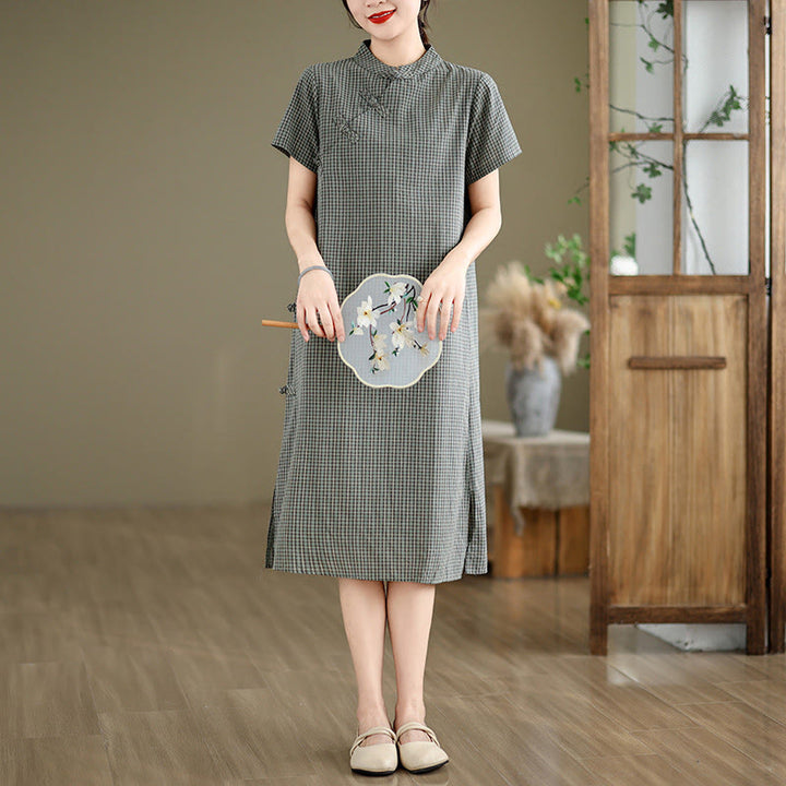 Buddha Stones Kariertes, kurzärmliges Cheongsam-Midikleid aus Baumwolle und Leinen mit Froschknopf-Design - Grau - US8-10, UK/AU12-14, EU40-42 (2XL) - image 9