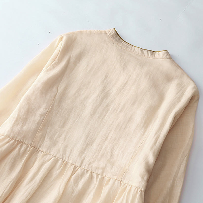 Langärmliges Midikleid aus Baumwolle und Leinen mit Buddha Stones -Stickerei und Knöpfen und Taschen - image 3