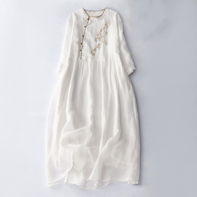 Langärmliges Midikleid aus Baumwolle und Leinen mit Buddha Stones -Stickerei und Knöpfen und Taschen - Weiß - US 8-10, UK/AU 12-14, EU 40-42 (2XL) - image 15