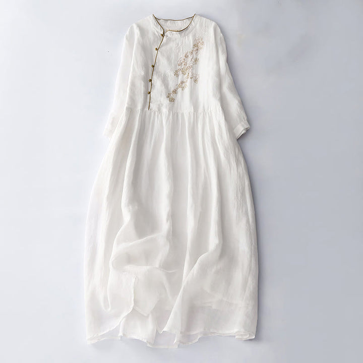 Langärmliges Midikleid aus Baumwolle und Leinen mit Buddha Stones -Stickerei und Knöpfen und Taschen - Weiß - US 8-10, UK/AU 12-14, EU 40-42 (2XL) - image 15