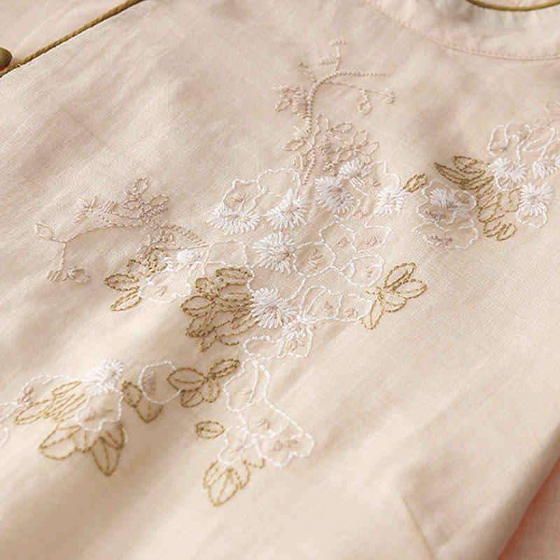 Langärmliges Midikleid aus Baumwolle und Leinen mit Buddha Stones -Stickerei und Knöpfen und Taschen - image 6