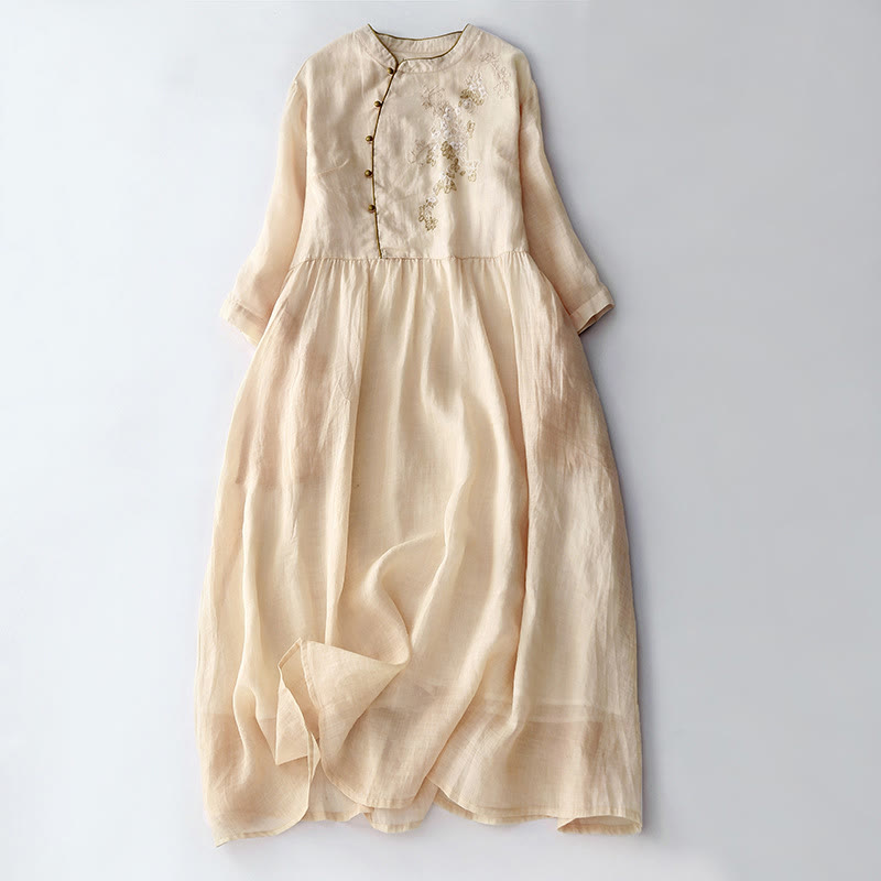 Langärmliges Midikleid aus Baumwolle und Leinen mit Buddha Stones -Stickerei und Knöpfen und Taschen - ZitroneChiffon - US8-10， UK/AU12-14，EU40-42 (2XL) - image 1