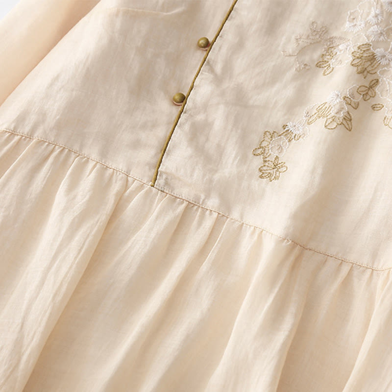 Langärmliges Midikleid aus Baumwolle und Leinen mit Buddha Stones -Stickerei und Knöpfen und Taschen - image 4