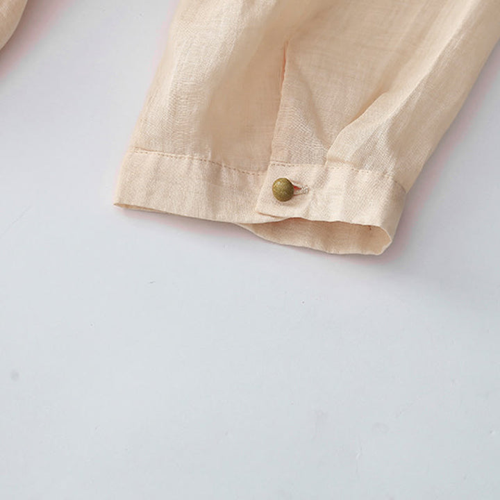 Langärmliges Midikleid aus Baumwolle und Leinen mit Buddha Stones -Stickerei und Knöpfen und Taschen - image 9
