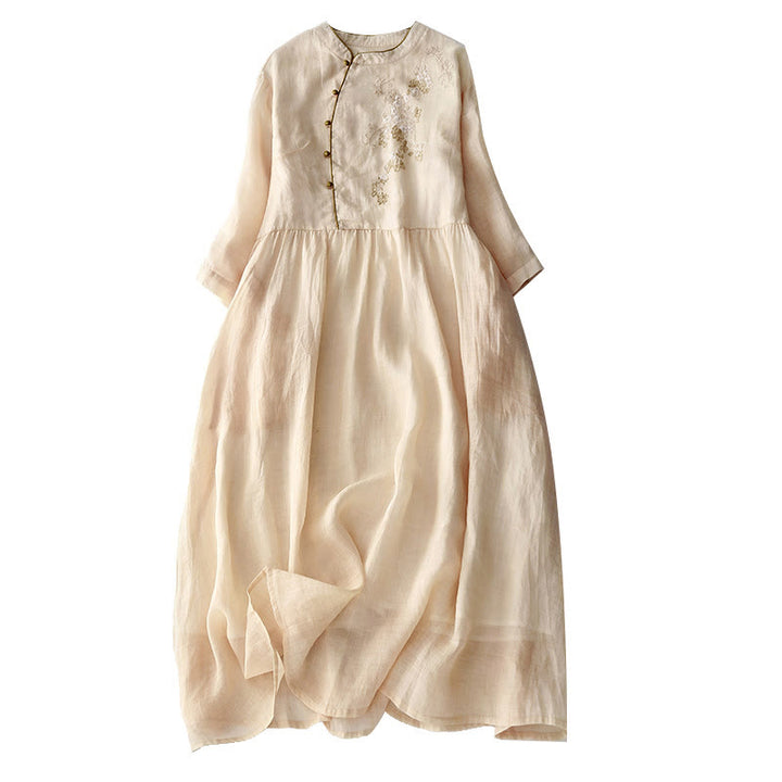 Langärmliges Midikleid aus Baumwolle und Leinen mit Buddha Stones -Stickerei und Knöpfen und Taschen - image 14