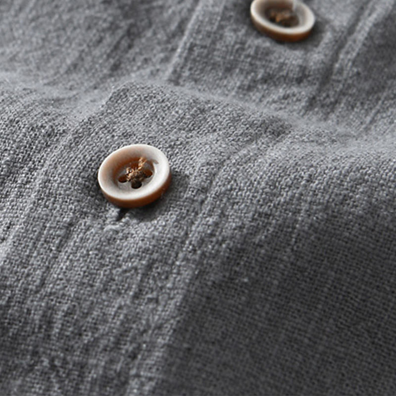 Buddha Stones Casual Buttons Design Stehkragen Herren Kurzarm Baumwoll-Leinenhemd mit Taschen - image 2