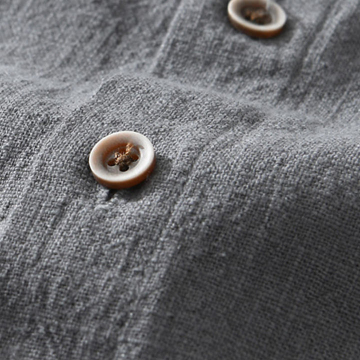 Buddha Stones Casual Buttons Design Stehkragen Herren Kurzarm Baumwoll-Leinenhemd mit Taschen - image 2