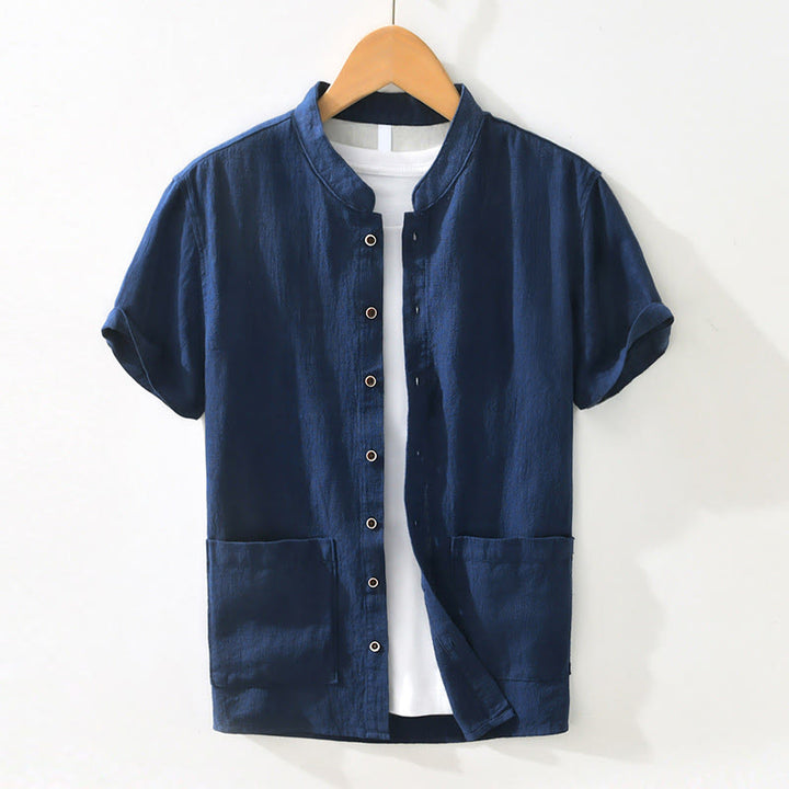 Buddha Stones Casual Buttons Design Stehkragen Herren Kurzarm Baumwoll-Leinenhemd mit Taschen - Dunkelblau - US/ UK/AU42，EU52 (3XL) - image 13