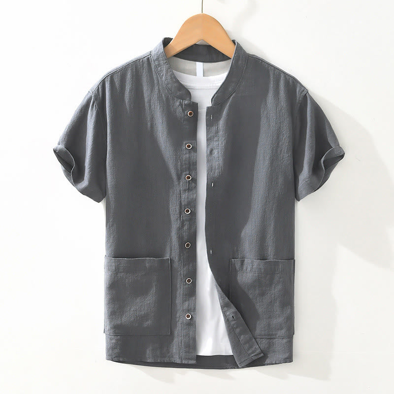 Buddha Stones Casual Buttons Design Stehkragen Herren Kurzarm Baumwoll-Leinenhemd mit Taschen - Schiefergrau - US/ UK/AU42，EU52 (3XL) - image 0