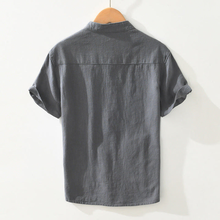 Buddha Stones Casual Buttons Design Stehkragen Herren Kurzarm Baumwoll-Leinenhemd mit Taschen - image 1