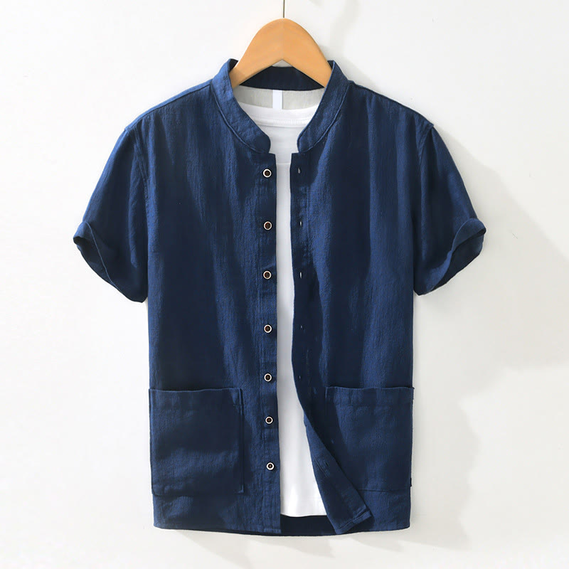 Buddha Stones Casual Buttons Design Stehkragen Herren Kurzarm Baumwoll-Leinenhemd mit Taschen - Dunkelblau - US/ UK/AU42, EU52 (3XL) - image 13