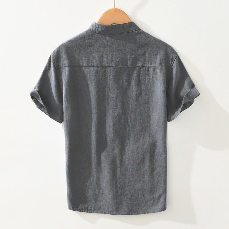 Buddha Stones Casual Buttons Design Stehkragen Herren Kurzarm Baumwoll-Leinenhemd mit Taschen - image 1